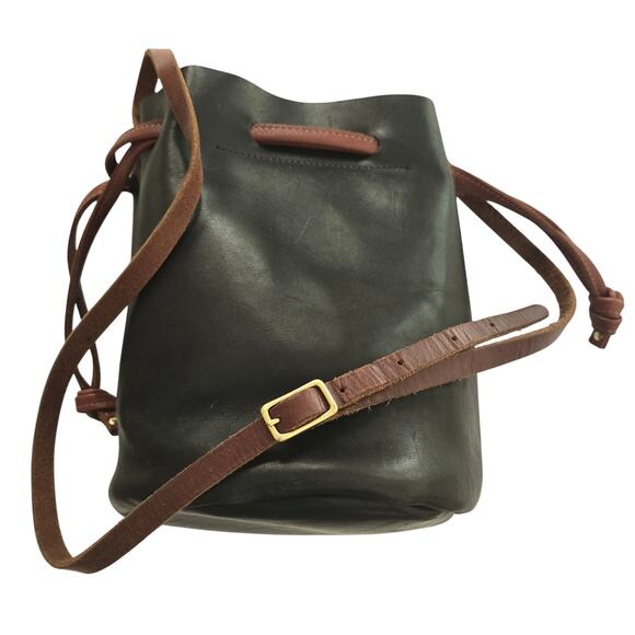 Neva Opet Handmade Ana Drawstring Bucket Crossbody Bag, Black  & Cognac Leather - Picture 1 of 9
